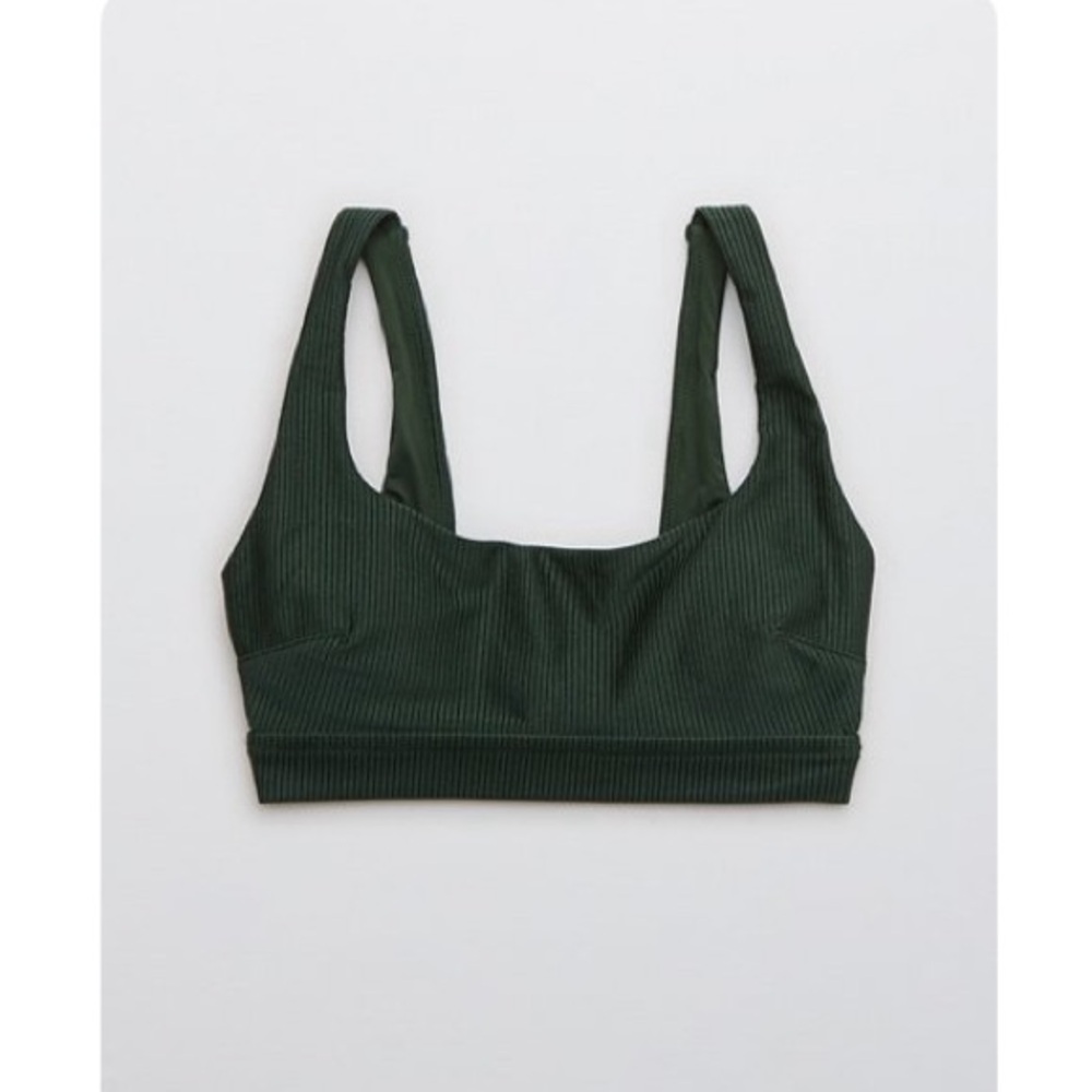 Aerie Ribbed Shine Banded Wide Strap Scoop Bikini Top | L | Green